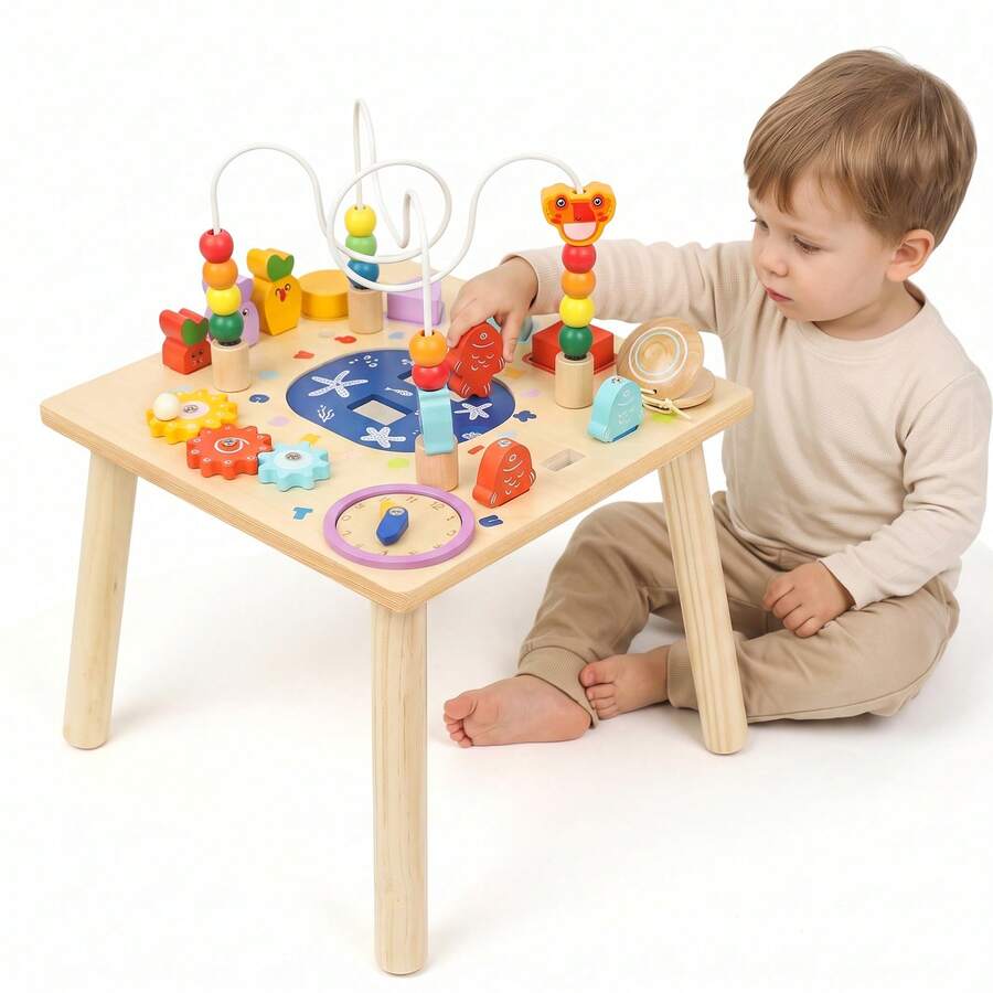 9-In-1 Multi-Functional Kids Activity Table, Early Learning Game Center With Shape Sorting, Carrot Pulling, Sliding Animals & Rotating Gears, Interactive Educational Toy For Toddlers, Promotes Hands-On Skills And Brain Development, With Storage Net - Yellow - View 1
