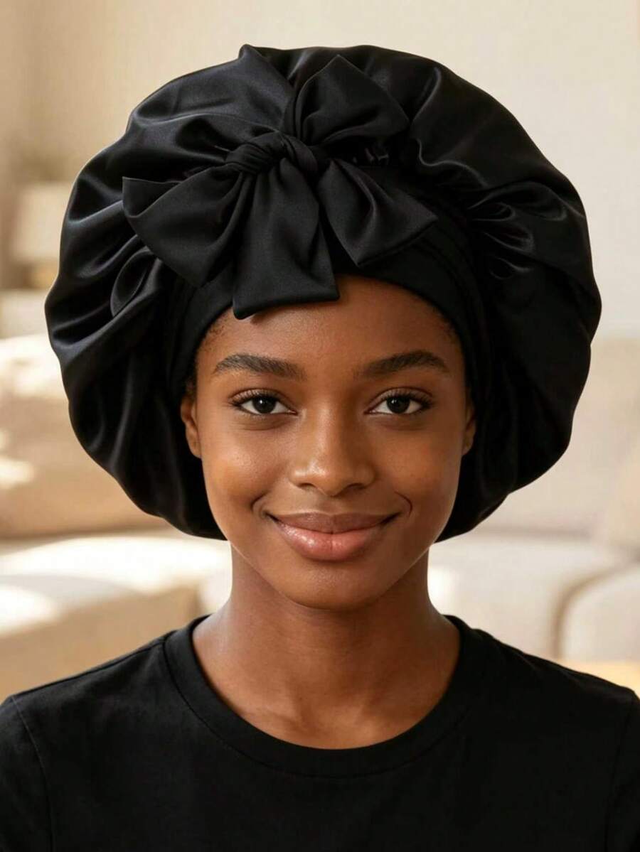 1pc Satin Bow Tie Elastic Lightweight Shower Cap, Solid Color, For Women & Girls, Black, Valentine's Day Sleep Bonnet