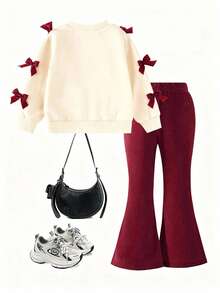 Girls' Simple Fashion Red Bow & Letter Print Apricot Top And Red Pants Sportswear Set, Autumn/Winter - Apricot - View 3