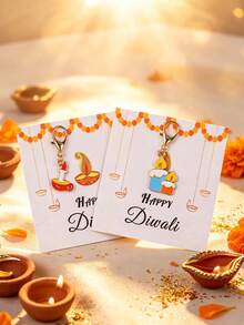 4/8pcs Diwali Candle & Lamp Keychain Set, Includes Alloy Candle/Lamp Keychain Pendant + Gift Card, Suitable For Diwali Festival Events, Theme Parties, Gift Souvenirs And Small Gifts - Multicolor - View 5