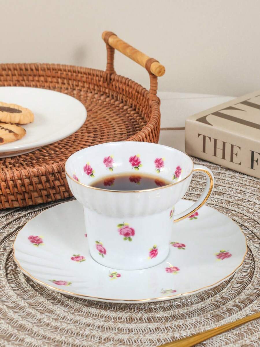 1 buah Set Cangkir Kopi & Tatakan Keramik Mawar Romantis, Desain Cangkir Kreatif, Cocok Untuk Rumah, Klub, Cangkir & Tatakan Teh Bunga, Hadiah - WL127 - Mawar Kecil - View 1