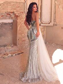 Elegant Women's Strapless Formal Gown With Beaded Sequin Mermaid Design And Flowing Mesh Tail Vacation - Apricot - View 3