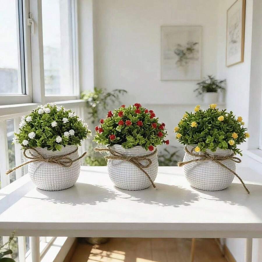 1件/3件組（紅+白+黃）人造常綠迷你盆栽植物，仿陶瓷花盆附蝴蝶結，不褪色、易照顧，適用於復活節、聖派翠克節、新年、情人節，居家、餐廳、桌面、窗台、書架裝飾 - 仿真盆栽 - 查看 1