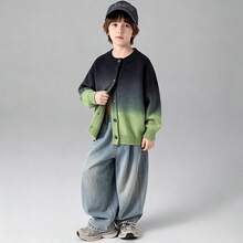 Kids Knit Cardigan Sweater Gradient Green Boys Autumn Casual Versatile Outerwear Top - Green - View 4