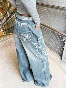1pc American Street Style Women's Embroidered Loose Wide Leg Jeans Long Pants, All Season Fashion Casual - Light Wash - View 7