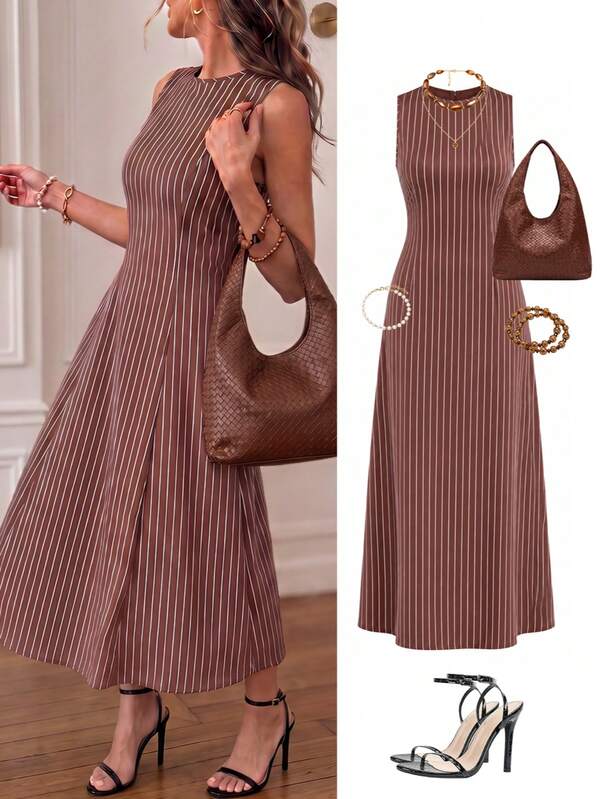 JTI Women's New Minimalist Elegant Romantic Date Daily Commute Brown Striped Round Neck Sleeveless Ruched Waist A-Line Long Dress, Early Autumn Versatile Striped Dress