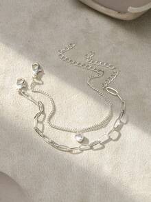 Tkool 2pcs Exquisite Heart-Shaped Rhinestone-Studded Colorful Plaid Chain Bracelet Set For Women - Silver - View 4