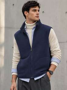 1pc Men's Autumn/Winter Deep Blue Fleece Vest Jacket, Stand Collar Zipper Cardigan, Casual Outdoor Layering - Navy Blue - View 1