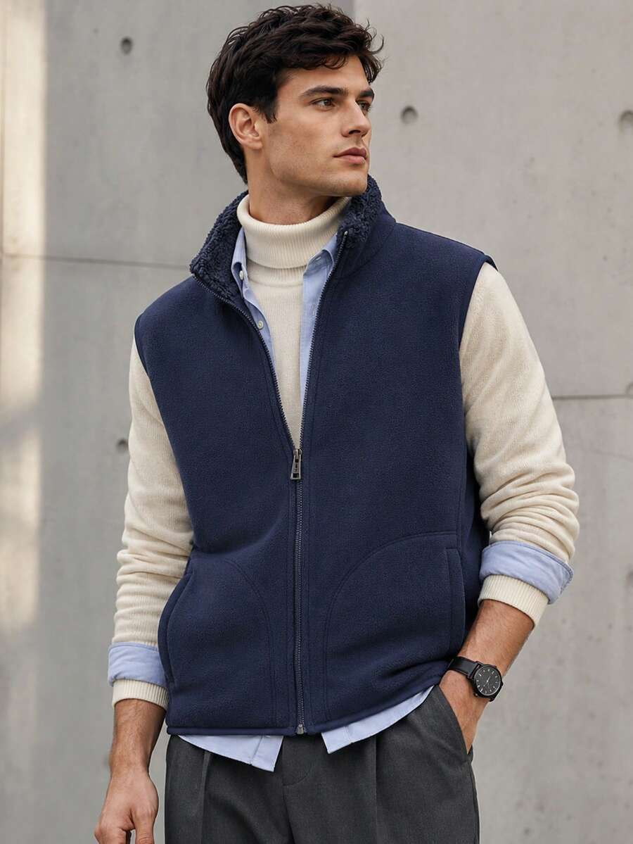 1pc Men's Autumn/Winter Deep Blue Fleece Vest Jacket, Stand Collar Zipper Cardigan, Casual Outdoor Layering - Navy Blue - View 1