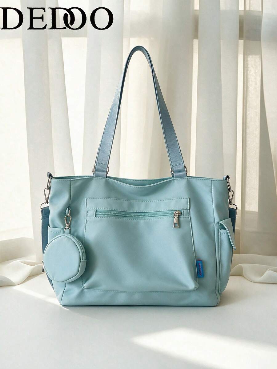 Dedoo Women's Tote Bag, Solid Color No Print, Waterproof Oxford Fabric, Multiple Pockets With Coin Purse, Large Capacity, Student Daily Use Casual Style - Blue - View 1