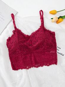 Women's Bra Tank Top, Removable Pads, Wire-Free Bra, Solid Color Lace Bra, Breathable Top, Sports Bra - Red - View 7