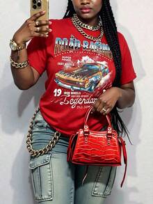 Women's Summer Casual T-Shirt, Y2K Letter & Car Print Round Neck Short Sleeve Crew Neck Tee For Holiday, Vacation, Spring Festival & Graphic Summer - 紅色 - 查看 13