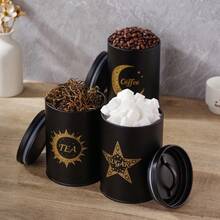 Vintage Golden Sun Moon Star Printed Metal Storage Canisters, 3 Pieces Airtight Tea Coffee Sugar Jars, Decorative Kitchen Pantry Food Storage Containers For Countertop - Black - View 7
