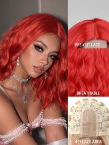 FIVE STARS 4*1 Handmade Wavy Bob Lace Front Full Wig, 14 Inch, Heat-Resistant Synthetic Fiber, Bright Red, Soft Fluffy Waves, Fashionable Style, Suitable For Daily Wear, Festivals, Halloween, Christmas And Portrait Photography - Multicolor - View 3