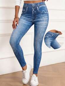Women's Autumn/Winter Elastic 3D Denim Print Skinny Leggings With Faux Pockets, Suitable For Daily Wear, School, Graduation And Outings - Medium Wash - View 2