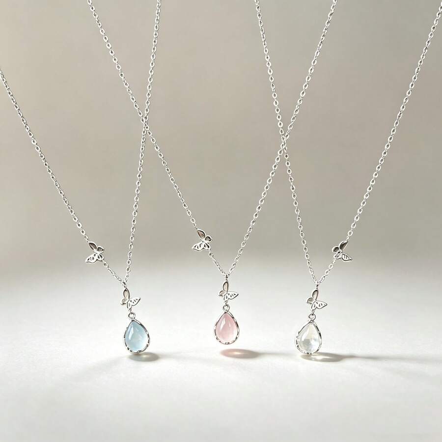 3 Pieces Set Of Ice Transparent Droplet Butterfly Necklace, Feminine Temperament, Niche Design, Best Friend Necklace, Collarbone Chain - Multicolor - View 1