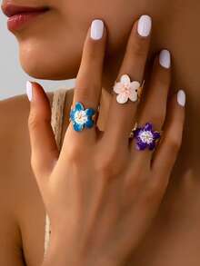 3pcs/Set Fashion High-End Flower-Shaped Oil-Drip Unique Design Five-Petal Open Ring - Multicolor - View 1
