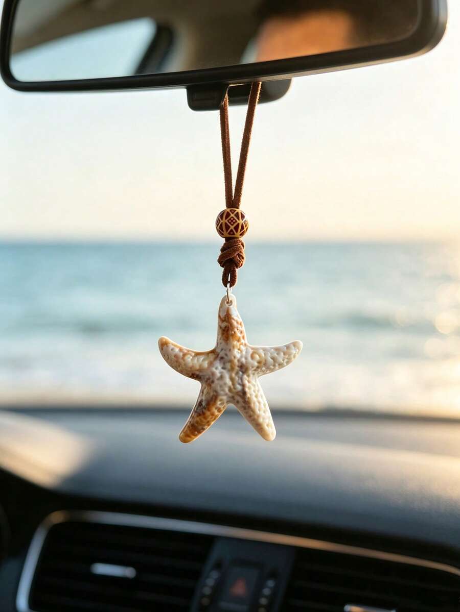 1pc Ocean Style Starfish Car Rearview Mirror Hanging Ornament, Realistic Resin Starfish Pendant Car Interior Decoration - A - View 1