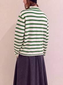 Women's Autumn Casual Minimalist Versatile Striped Cardigan Knit Sweater Jacket Fall - Green - View 2