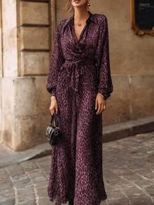 Roviva Women's Autumn Fashion Casual Vintage Street Style Cross V-Neck With Collar Belt Long Sleeve Long Dress, Suitable For Beach Vacation, Sand, Party Gathering, Outdoor Street Photography, Daily Wear, Dating, Back To School Season, Teacher's Day, Commuting, Office - Purple - View 4