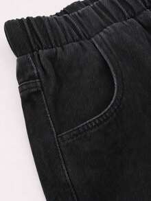 Tween Girls Black Washed Denim Loose Long Pants With Elastic Waist And Drawstring Design, Fashion Casual Y2K Retro Cool Street Style, Back To School College Style, Simple Basic Comfortable Nostalgic Blue Loose Jeans, Soft Daily Wear - Black - View 5
