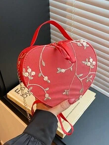 蕾絲心形小包，刺繡斜挎單肩手提包，優雅女孩迷你托特包 - 紅色 - 查看 2