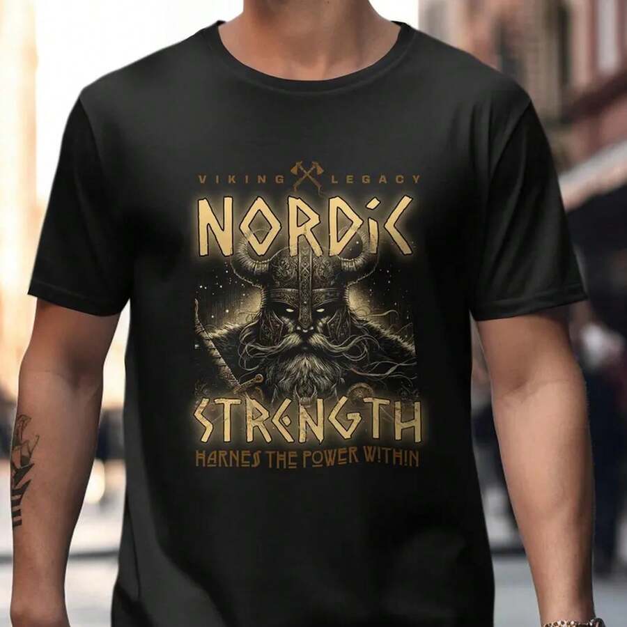 Camiseta con Gráficos Vikingos Nordic Strength, Ropa de Mitología Nórdica - Negro - Ver 1