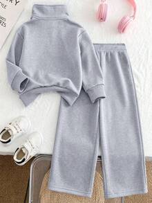 2pcs Girls' Cross Bow Print Half-Zip Sweatshirt & Pants Set, Fashionable & Comfortable Autumn/Winter Outfit - Grey - View 2