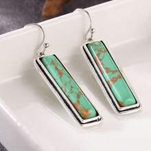 Women's Fashion Minimalist Rectangular Pendant Earrings, Handmade Copper With Green Synthetic Turquoise Inlay, Versatile Daily Jewelry, Ideal Gift For Women - Silver - View 4