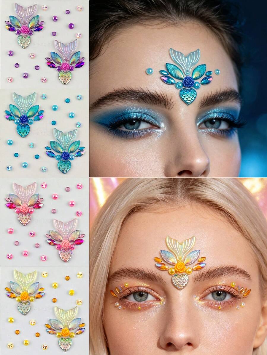1pc / 4pcs Mermaid Tail Face Gem Stickers, Holographic Face Jewel Sticker, Flash Fish Tail Design, Acrylic Face Gems For Beach Vacation/Music Festival Face Makeup, Mermaid Style Face Gems,Rhinestone Face Sticker,Halloween Costume