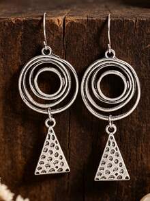 Vintage Multi-Layer Spiral Hoop Earrings, Bohemian Hammered Triangle Alloy Earrings - Silver - View 2