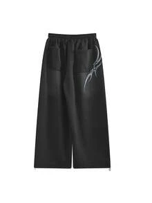 American Style Letter Print Casual Loose Wide Leg Drapey Lazy Drawstring Long Pants - Black - View 6