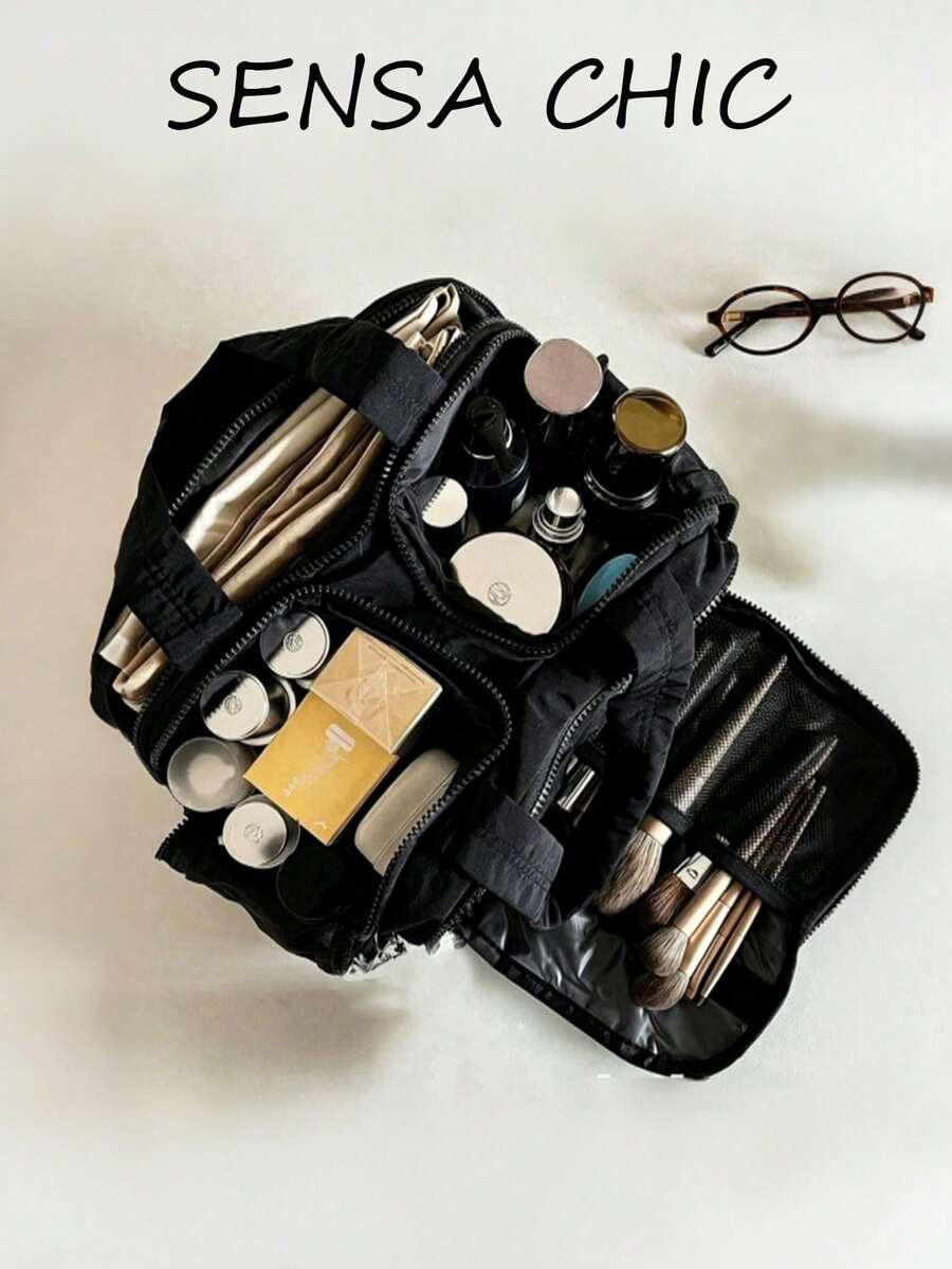 Minimalist Black Quilted Fabric Makeup Bag With Multiple Compartments And Zipper Pockets, Portable Daily Travel Toiletry Bag - Black - View 1