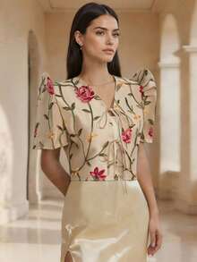 Modern Filipiniana Top With Butterfly Sleeves, 1pc Women's Short Sleeve Blouse For Birthday Party, Summer - Champagne - View 5