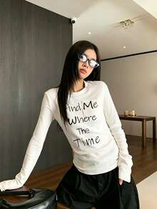 Women's Spring/Autumn Inner Layer Round Neck Regular Shoulder Slim Fit Base Layer Top With Letter Print Long Sleeve White T-Shirt - White - View 4