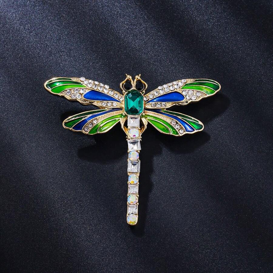1pc Elegant Alloy Handmade Oil Enamel Emerald & Colorful Rhinestone Dragonfly Brooch, Suitable For Women's Suit, Dress, Commute, Banquet Wear