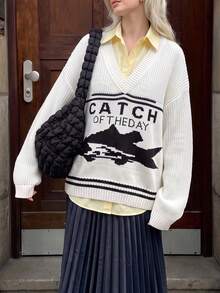 Sweater Wanita Kasual Minimalis dengan Desain Huruf Malas dan Leher V Longgar - Hitam - View 11