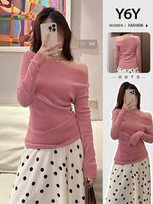 Y6Y 2026 New Autumn Fashion Versatile Commute Pink Cold Shoulder Off-Shoulder Long Sleeve Women's Knit Top - Pink - View 10