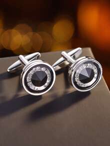 1 Pair Elegant Rhinestone Geometric Copper Cufflinks For Men, Wedding Business Banquet Fashion Accessory - Black - View 1