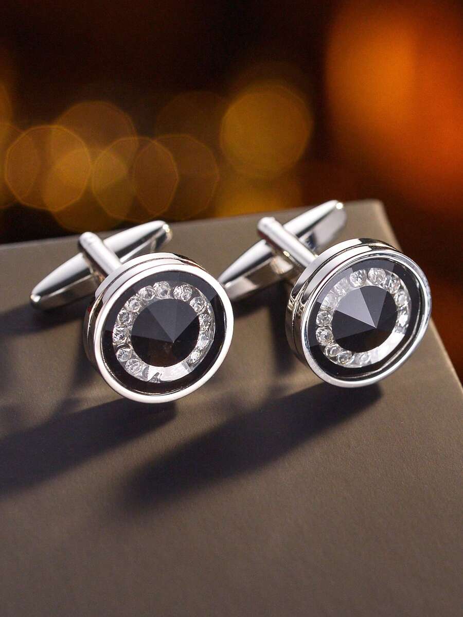1 Pair Elegant Rhinestone Geometric Copper Cufflinks For Men, Wedding Business Banquet Fashion Accessory - Black - View 1