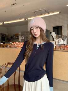 New Women's Spring/Autumn Colorblock 2 In 1 Square Shoulder Long Sleeve Fitted Base Layer T-Shirt Top - Royal Blue - View 3