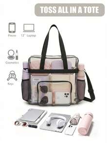 NEWHEY Large Capacity Transparent PVC Tote Bag, Waterproof Clear Handbag With Detachable Crossbody Strap And Side Mesh Pocket; Can Be Used As Travel Toiletry Bag, Suitable For Daily Outings - Black - View 6