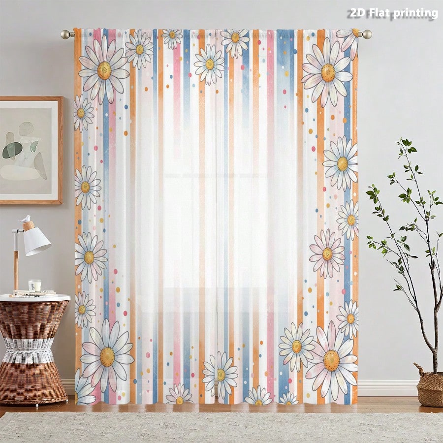 2pcs Pastel Striped Daisy Tulle Curtains, Adorned With Watercolor White Daisies And Colorful Polka Dots, 2D Flat Print, Bohemian Style Floral Striped Sheer Curtains, Suitable For Dining Rooms And Living Rooms.