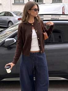 Women's Casual Cute Y2K Gold Button Long Sleeve Knit Cardigan Sweater , French Style Autumn/Winter Outing Back To School Date Commute Brown - Brown - View 9