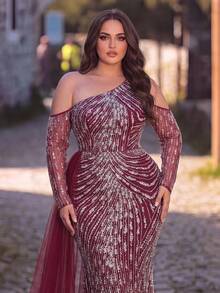 Women's Elegant Plus Size Long Sleeve Asymmetrical Sequin Beaded Formal Dress Mermaid Hem For Party & Evening - Burgundy - View 1