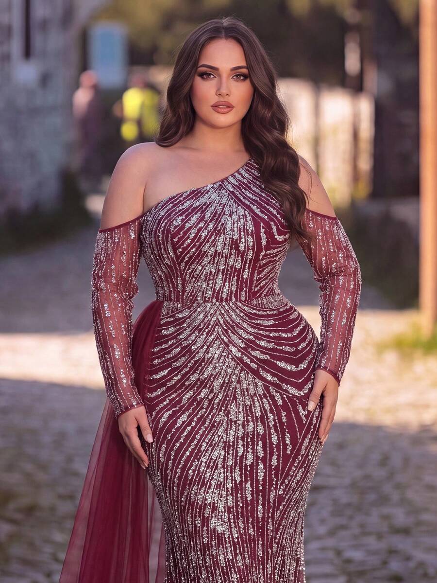 Women's Elegant Plus Size Long Sleeve Asymmetrical Sequin Beaded Formal Dress Mermaid Hem For Party & Evening - Burgundy - View 1