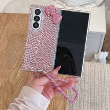 Casing Ponsel Lipat Pink Full Rhinestone 3D dengan Pita dan Tali Pergelangan Tangan Rhinestone, Cocok untuk Galaxy Z Fold3/Z Fold4/Z Fold5/Z Fold6/Z Fold7/8, Casing Pelindung Lipat Mewah dan Mengkilap untuk Perempuan. - Baby Pink - View 6