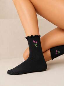 4/8 Pairs Sweet Style Tulip Floral Frill Trim Women's Mid-Calf Socks - Multicolor - View 6