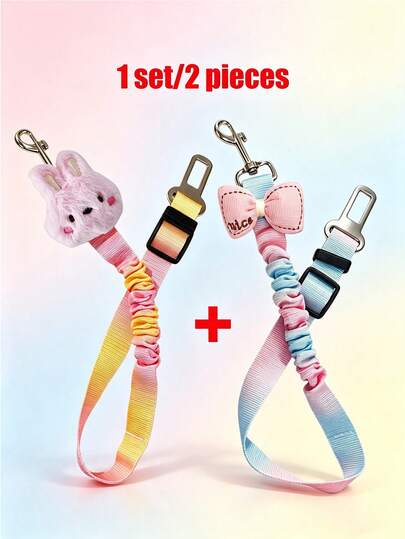 2pcs Elastic Pet Car Safety Belt, Macaron Gradient Color Safety Leash, Decorated With Cute Rabbit And Bowknot, Shock-Absorbing Design, Suitable For Cat And Dog Travel, Pet Safety Leash