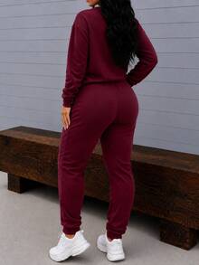 Conjunto 4 pz para mujer estilo casual urbano estampado de letras tela suave holgado capucha manga larga otoño invierno uso diario set dos piezas sudadera - Negro y burdeos - Ver 3
